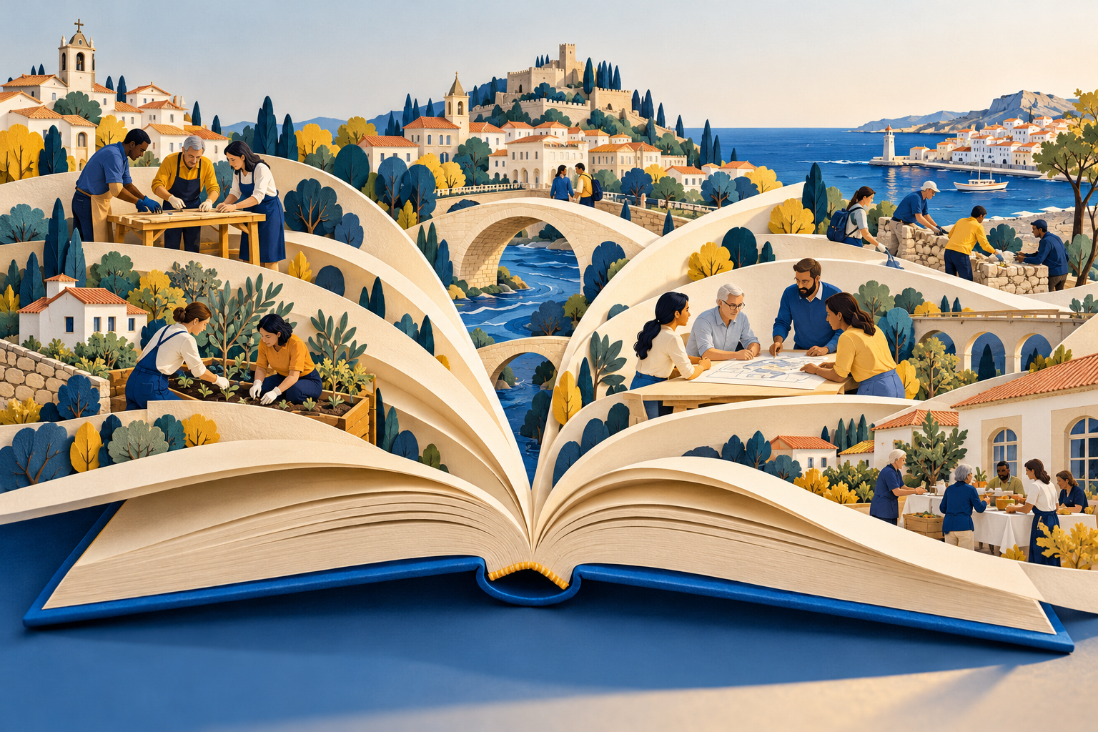 Ilustração de um livro aberto cujas páginas ligam pessoas e comunidades